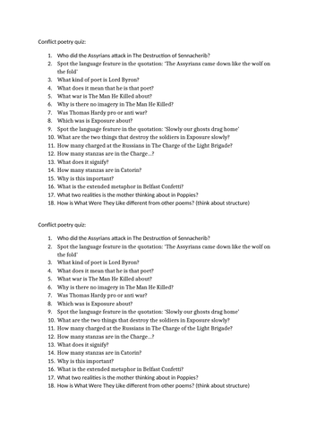 Conflict poetry quiz sheet | Teaching Resources