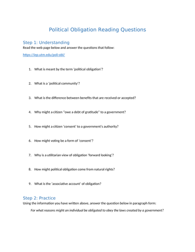 Political Obligation Reading Questions Worksheet