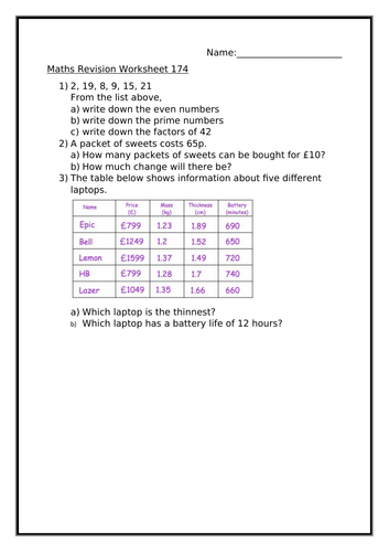 maths revision worksheet 174 teaching resources