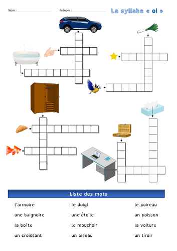 [French, basics 1st & 2nd grade] Crossword - The syllable "oi"
