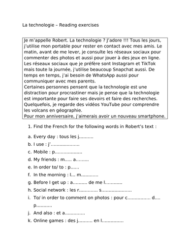 Exercises on the topic of la technologie