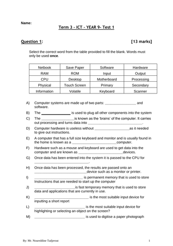 ICT-Year 8 and 9 Type of computer components Test