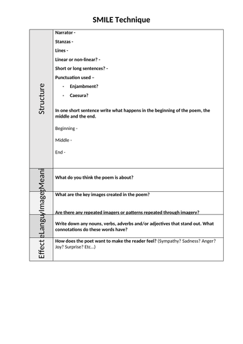 English Literature Unseen Poetry SMILE Technique Planning Sheet / Grid - Annotating Helpful Template