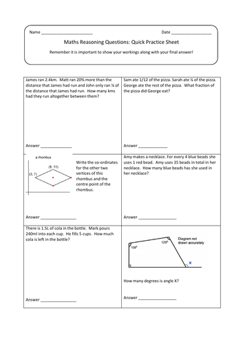 KS 2 Maths Quick Reasoning Practice Sheet with answers
