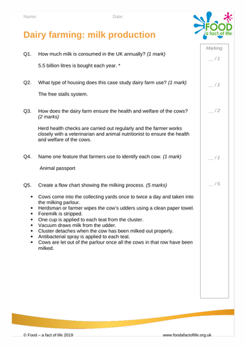 Milk production marks sheet