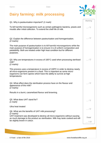 Milk processing marks sheet