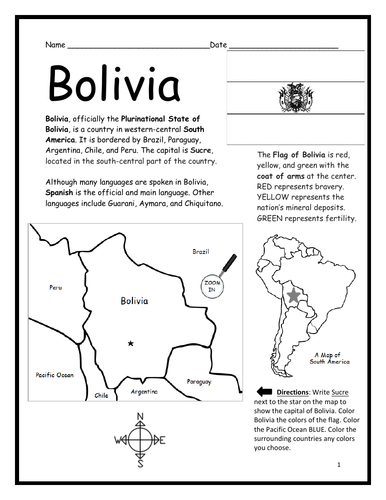 BOLIVIA - Introductory Geography Worksheet - Black and White