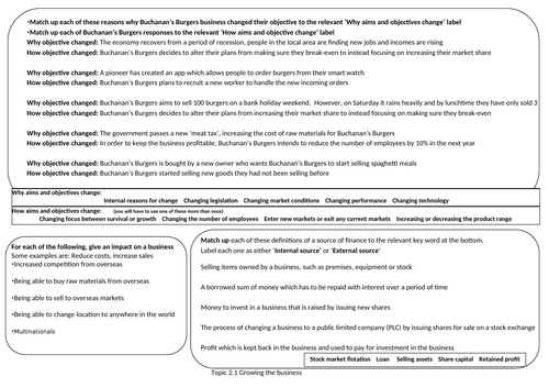 Edexcel GCSE (9-1) Business Topic 2.1 revision knowledge organiser