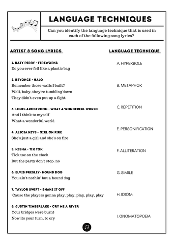 English Functional Skills L1 & L2 / GCSE Language Techniques Song Lyrics Matching Activity
