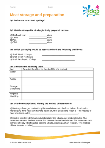 Meat storage and preparation (worksheet)