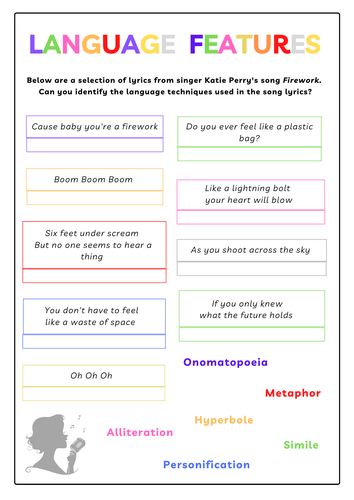 English Functional Skills / GCSE Language Techniques. Figurative Language Activity Katy Perry Lyrics