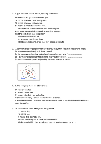 Venn Diagrams and Rearranging Formula worksheet