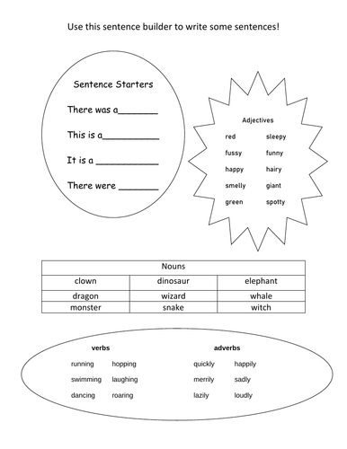 English KS1 sentence builder worksheet