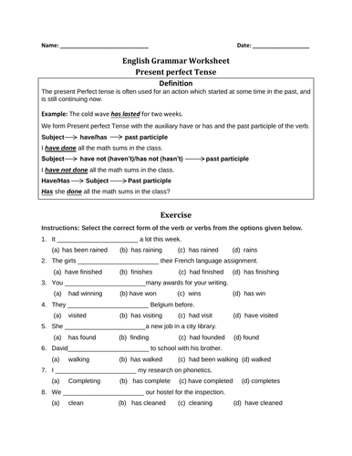English Grammar Worksheet Present perfect Tense