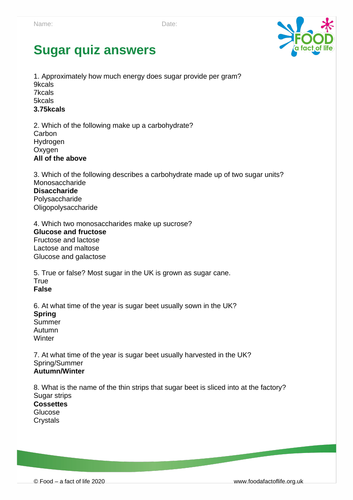 Sugar quiz answers