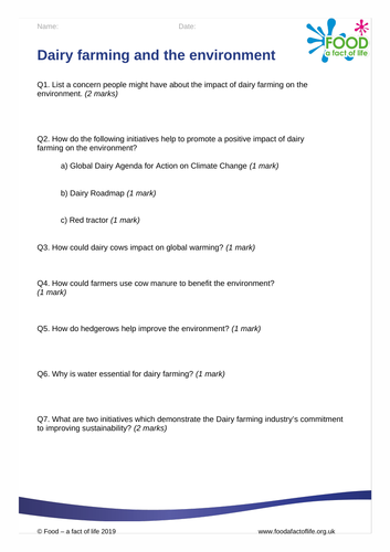 Dairy farming and the environment worksheet