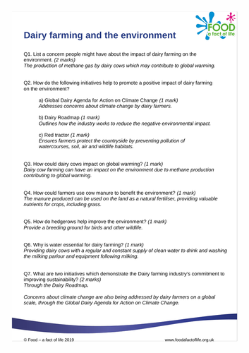 Dairy farming and the environment answer sheet