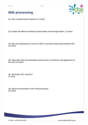 Milk processing worksheet