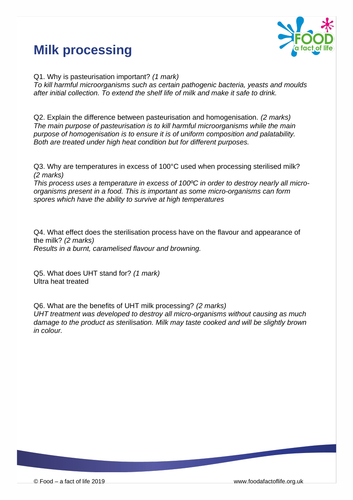 Milk processing mark sheet