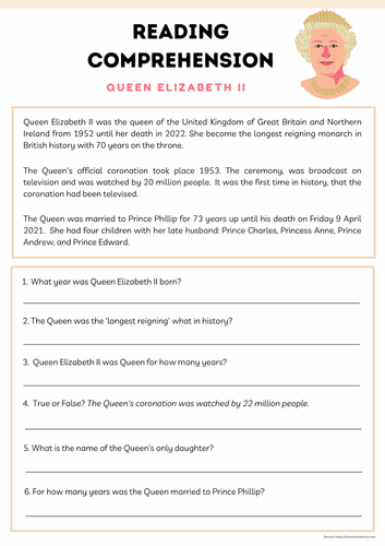 English Reading Comprehension Skimming & Scanning Activity  Functional Skills. Queen Elizabeth II