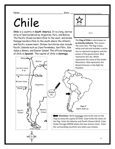 chile introductory geography worksheet black and white teaching resources