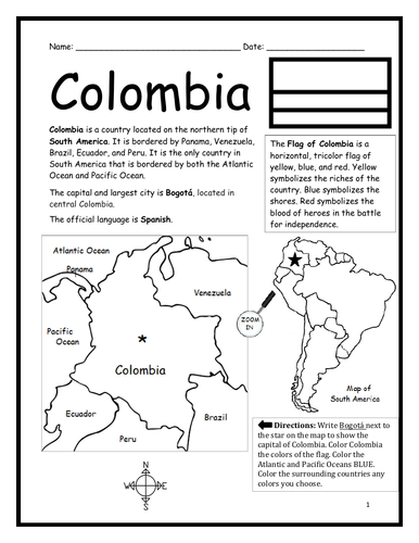 colombia introductory geography worksheet black and white teaching resources