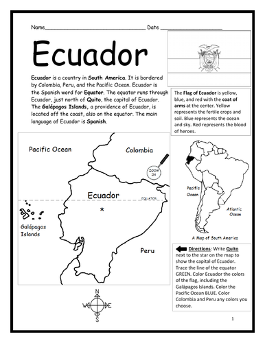 ECUADOR - Introductory Geography Worksheet - Black and White