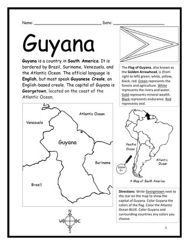 GUYANA - Introductory Geography Worksheet - Black and White