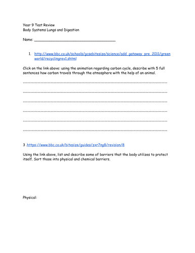 Year 9 Revision  Body Systems Lungs and Digestion