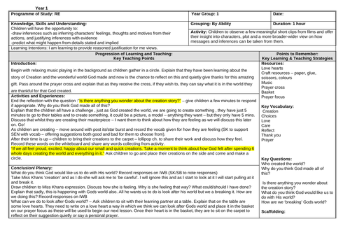 Lesson obs plan Religion year 1 creation