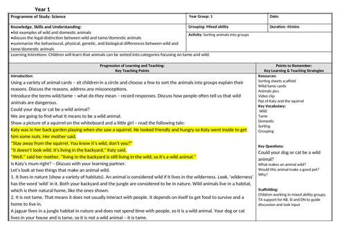 Lesson obs plan science year 1 sorting and grouping animals