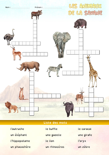 [French] Crosswords for kids - Animals of the savannah