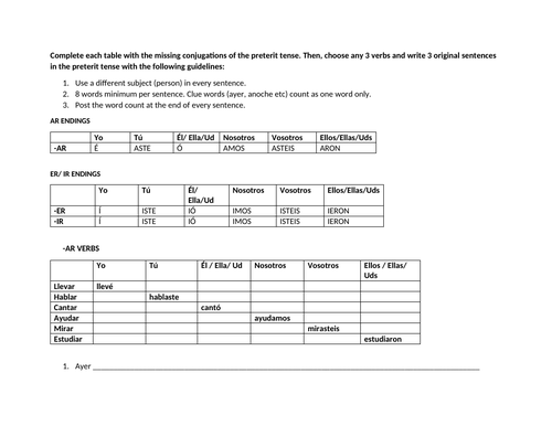 Preterit regular verbs worksheet practice
