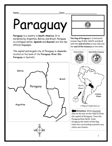 PARAGUAY - Introductory Geography Worksheet - Black & White
