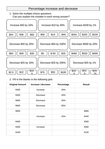 Percentage Increase Decrease Non Calc Teaching Resources