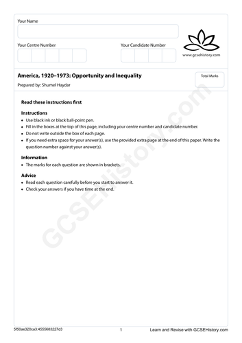 Mock Paper - AQA - America, 1920–1973: Opportunity and Inequality
