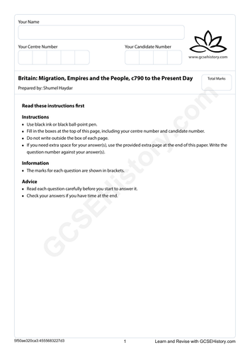 Mock Papper - AQA - Britain: Migration, Empires and the People, c790 to the Present Day