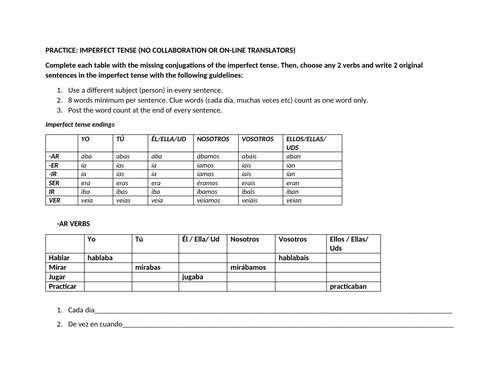 Imperfect tense worksheet practice