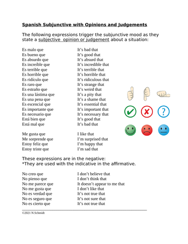 Spanish Subjunctive: Opinions and Judgements Handout + Worksheet (subjuntivo)