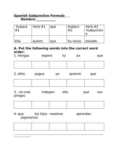 Spanish Subjunctive Worksheets to show Subjunctive Formula/Triggers (subjuntivo)