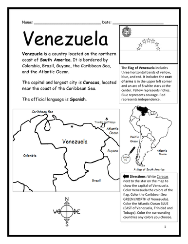 VENEZUELA - Introductory Geography Worksheet - Black and White