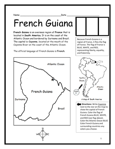 FRENCH GUIANA - Introductory Geography Worksheet - Black and White