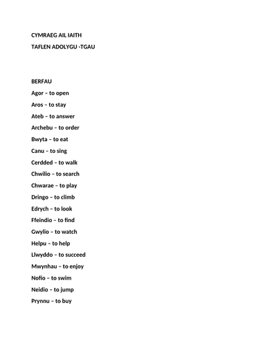 Second Language Welsh revision sheet GCSE verbs, conjugating 'MYND' and idiomatic language