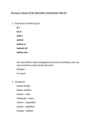 Extensive revision sheet for CYMRAEG AIL IAITH  GCSE miscellaneous rules of grammar
