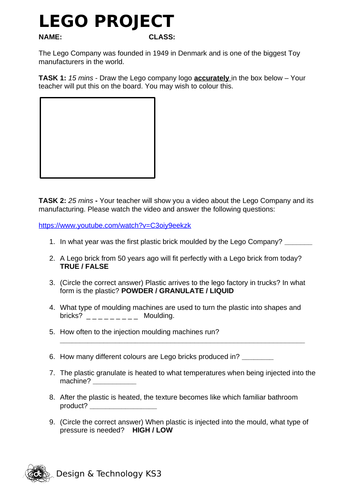 DT KS3 - Lego project - Design and theory (Little Practical) ideal for cover