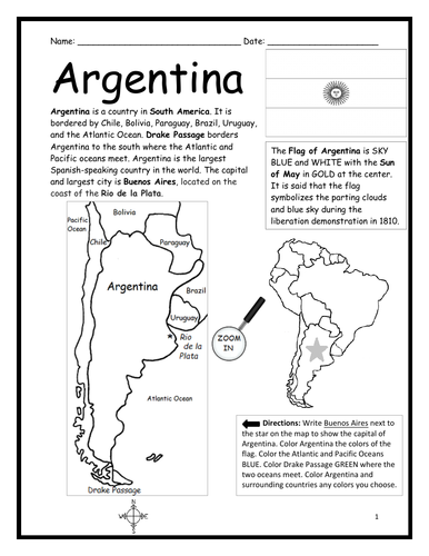 argentina introductory geography worksheet black and white teaching resources