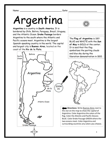 ARGENTINA - Introductory Geography Worksheet - Black and White