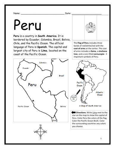PERU - Introductory Geography Worksheet - Black and White