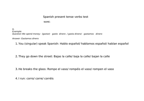 Spanish present tense activity - Regular verbs