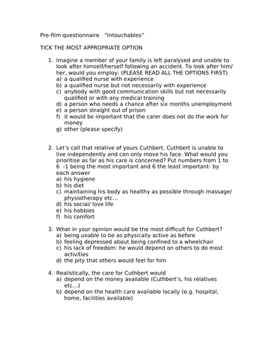 Intouchables - a questionnaire in English to give students BEFORE they watch the film